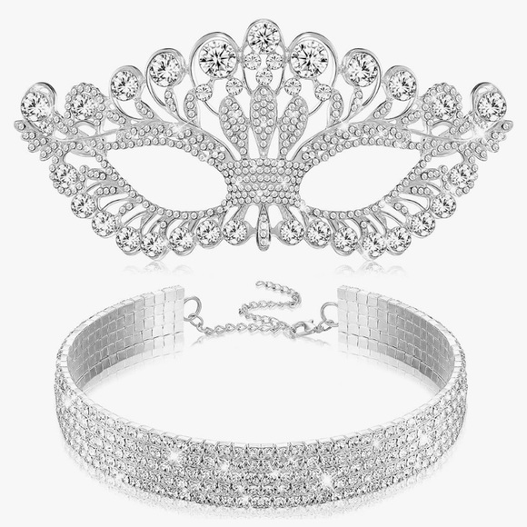 Rhinestone Masquerade Mask and Choker Necklace Costume Jewelry Set for Women - Picture 2 of 6